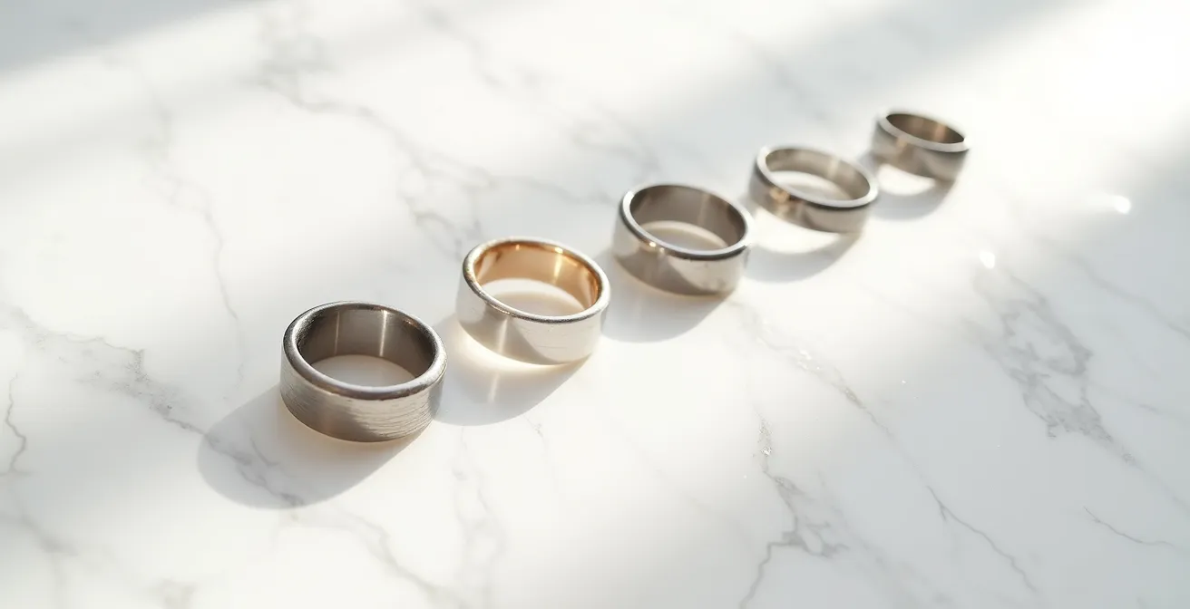 Comparaison côte à côte de différentes finitions de polissage sur métal précieux montrant les jeux de lumière