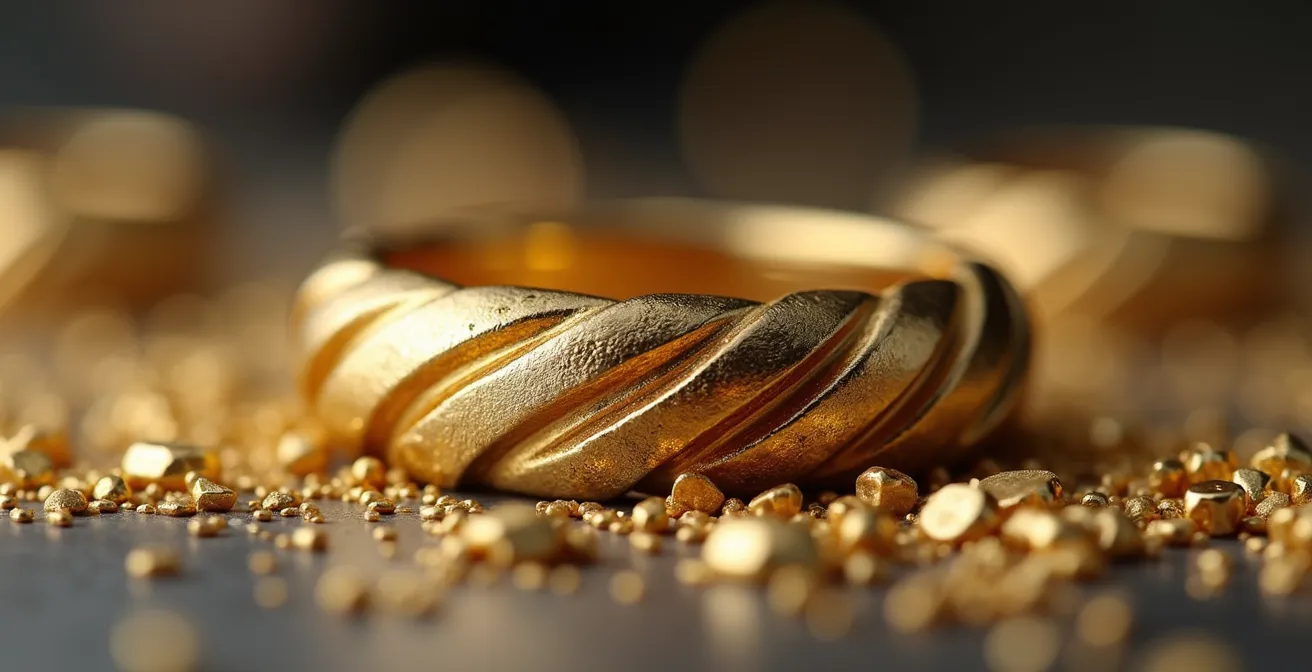 Détail macro montrant les traces caractéristiques d'un limage manuel sur un bijou artisanal