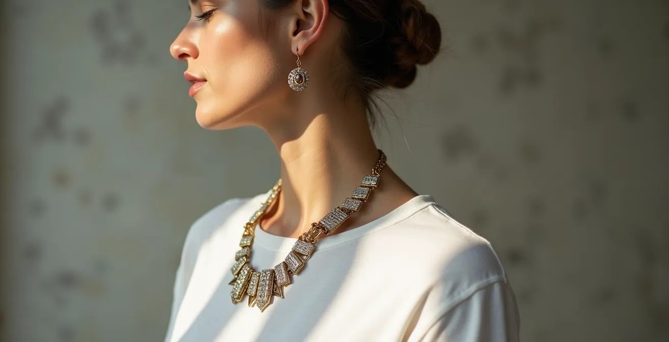Portrait moderne d'une femme portant un t-shirt blanc avec un collier architectural audacieux