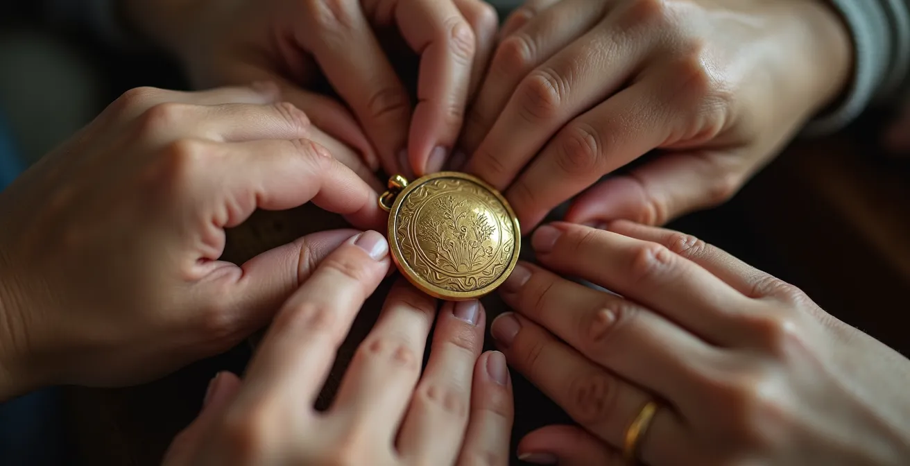 Mains de trois générations tenant délicatement un même bijou ancien