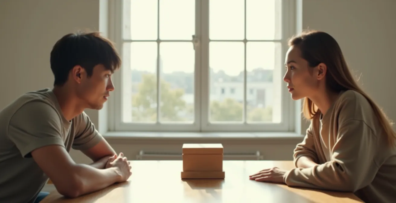 Scène minimaliste montrant deux personnes en discussion intime, un écrin de bijou posé entre elles sur une surface épurée