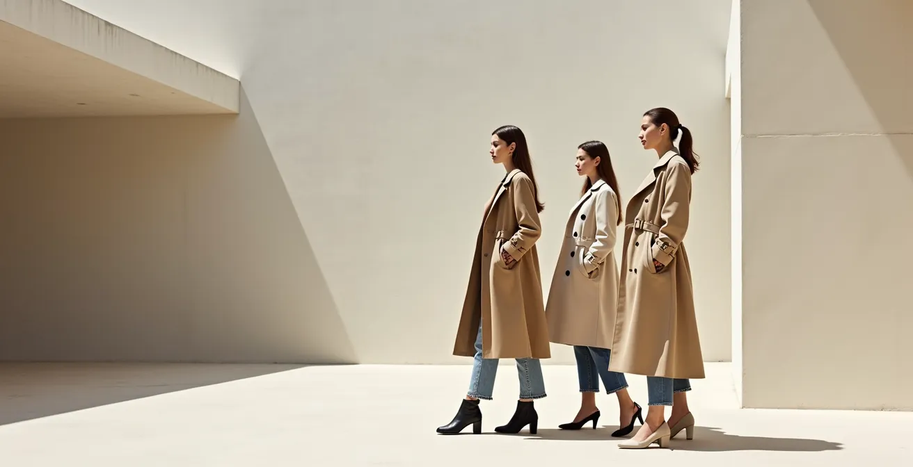 Trois silhouettes féminines portant des trenchs de différentes longueurs dans un environnement urbain minimaliste